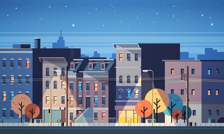 Vector 都市の建物の家の夜景のスカイラインの背景