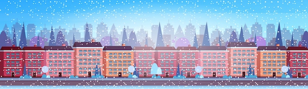 Vector city building houses winter street cityscape background merry christmas happy new year