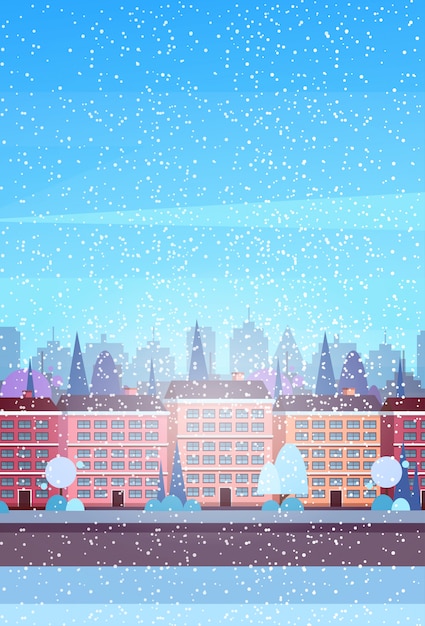 Vector city building houses winter street cityscape background merry christmas happy new year