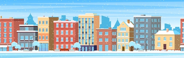 Vector city building houses winter street cityscape