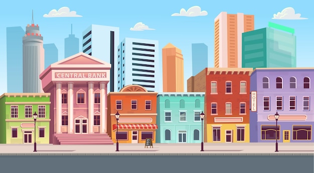 city building houses with shops cafe hotel bank.vector illustration in flat style background.
