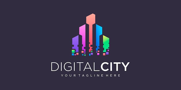 City building logo design with colorful and pixel style building abstract for logo design