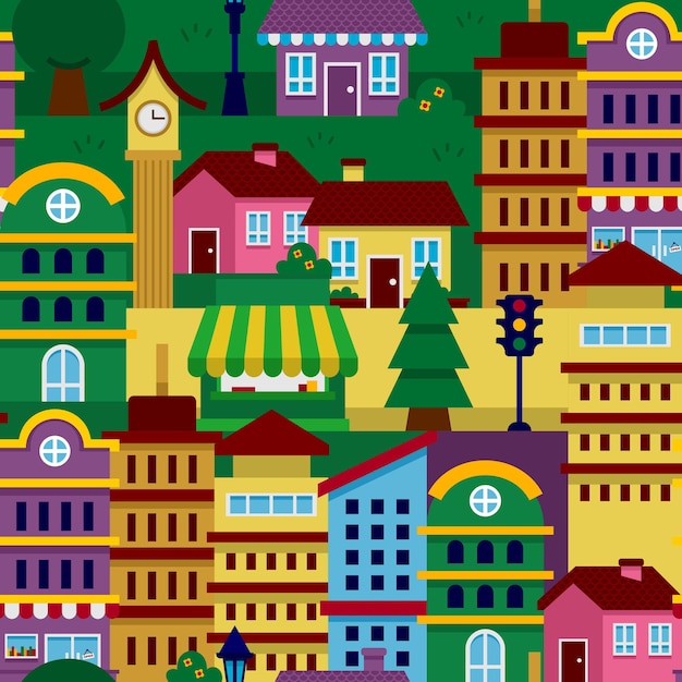 City building seamless pattern cute flat style for kids