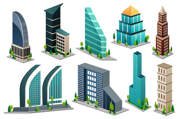 Набор городских зданий Это набор плоских рисунков в стиле мультфильмов с различными городскими зданиями