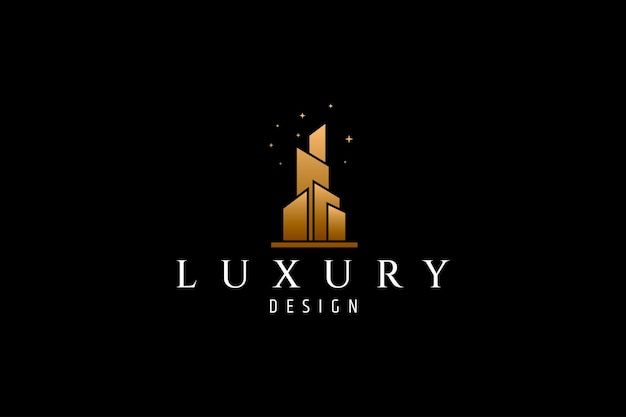 City building or skyscraper logo with elegant golden color with stars in luxury flat design