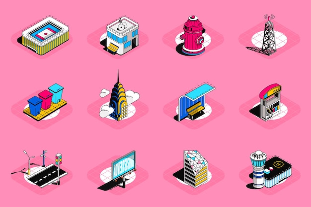 Vector city buildings 3d isometric icons set pack elements of urban infrastructure hydrant station roadway