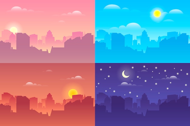 Vector city buildings at different times