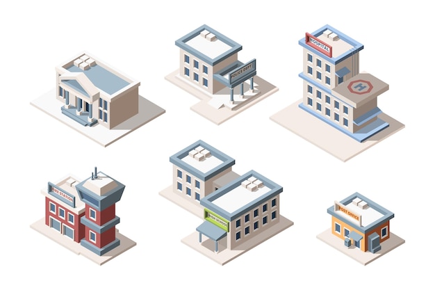 Городские здания изометрической 3D-набор. Пожарная часть, отделение полиции, почта. Средняя школа и больница.