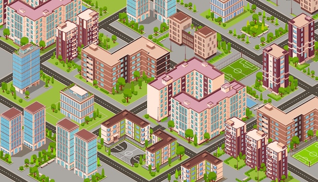 City buildings isometric composition with birds eye view of city block with modern residential apartment houses vector illustration