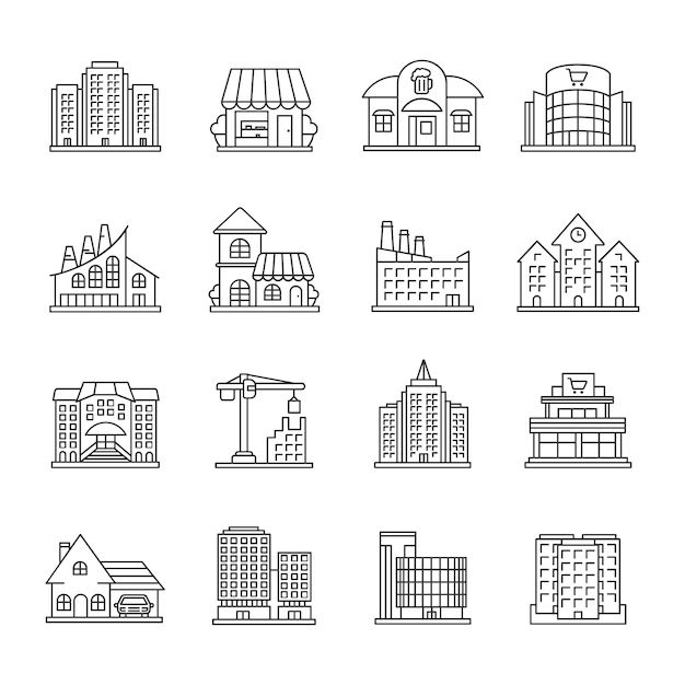 City buildings linear icons set