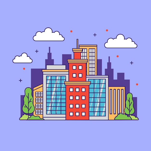 城市建築摩天大可愛插圖設計