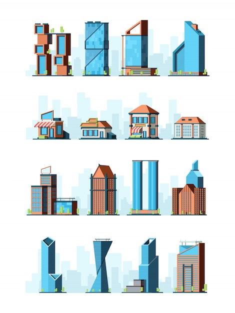 Vector city buildings. skyscraper street houses groceries village constructions 2d low poly game buildings