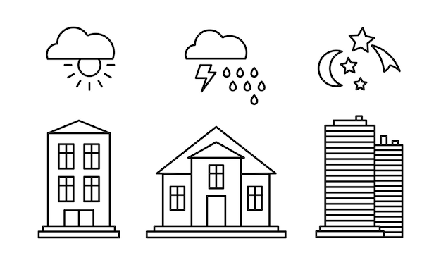 Edifici della città e con icone meteo soleggiato tempo piovoso giorno notte lineare vettoriale illustrazione isolato su sfondo bianco