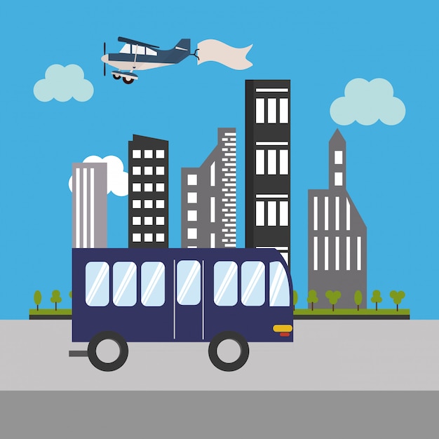 Vector city bus and buildings icon