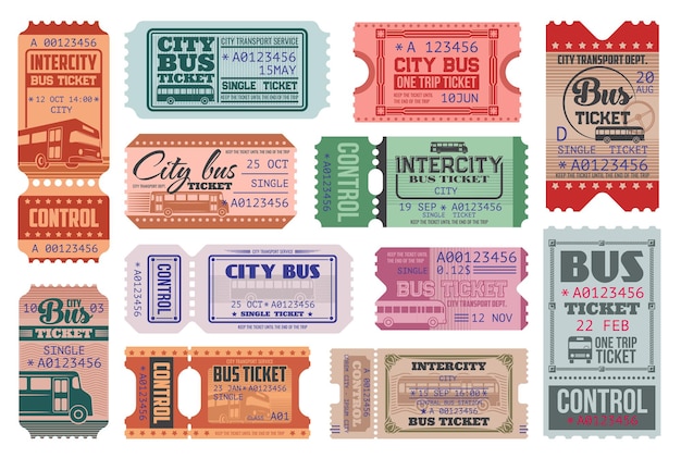 Vector city bus ride retro tickets templates set.