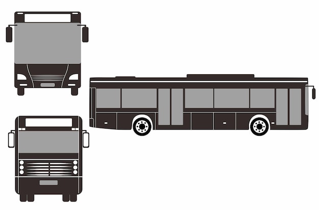 Вектор Силуэт городского автобуса с иконками транспортных средств задает вид сбоку спереди и сзади