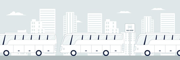 도시 버스 정류장 정류장에서 대기 중인 도시 사회 교통 버스 재배치 및 여행 도시 교통 그림의 도시 간 대중 교통 벡터 장면
