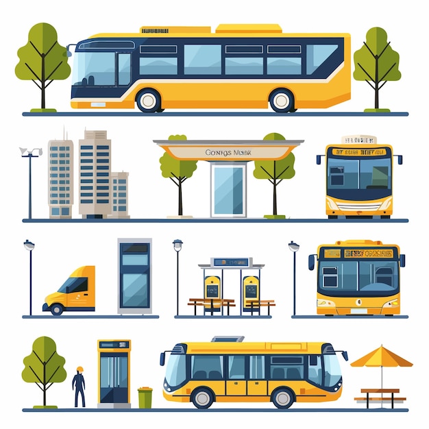 City_bus_vector_flat_icons_set_with_public