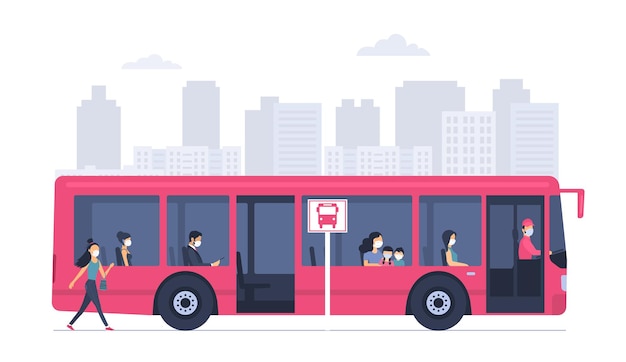ベクトル 抽象的な街並みを背景に、医療用マスクを着用した乗客を乗せた市バス。ベクトルイラスト。