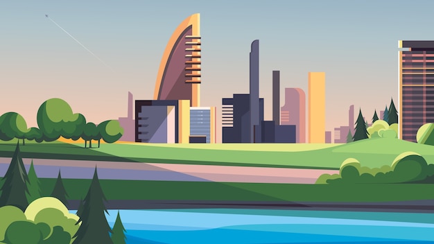 Vector city by the river. beautiful landscape with modern buildings.