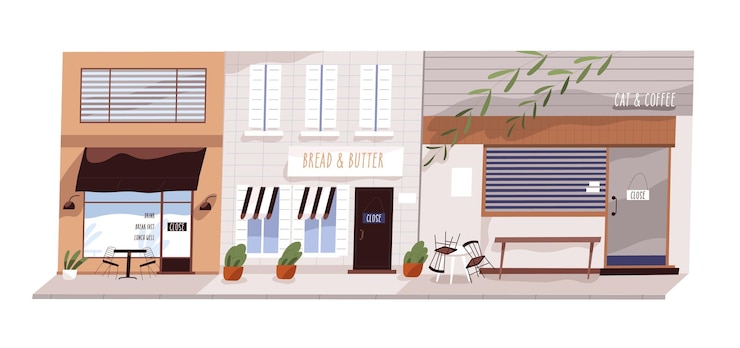 Vector ロックダウン中のシティカフェ。閉店したレストラン、喫茶店、ベーカリー、ビストロの外観。金融危機の概念。空の街並み。フラットな漫画のスタイルのベクトル図.