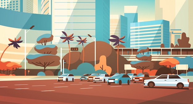 Vector city car parking over skyscraper buildings modern cityscape