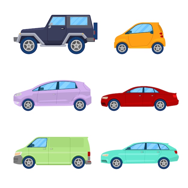 City cars icons set with sedan, van and offroad vehicle.