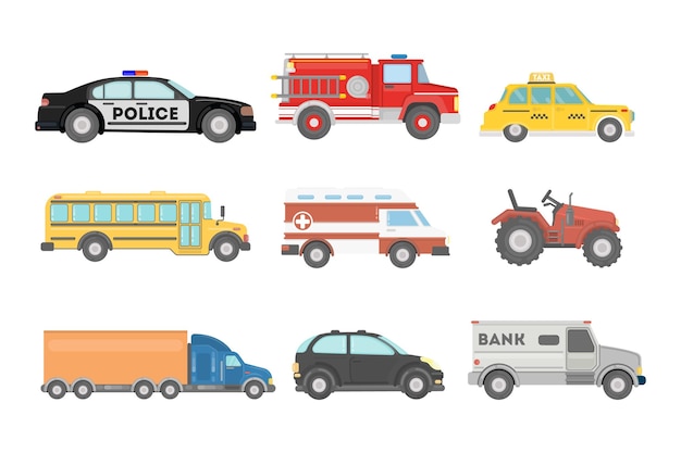 City cars set Police and school bus truck and ambulance