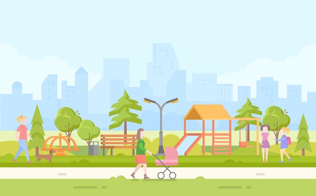 City children playground - modern cartoon vector illustration with skyscrapers on the background. recreation with slide, bench, merry-go-round, swing, lantern. mother walking with baby carriage