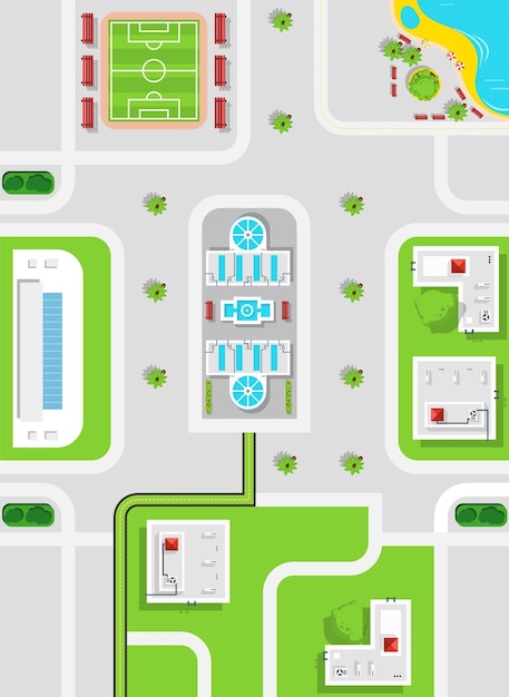 Vector city colored map with street and park, digital map with buildings and streets