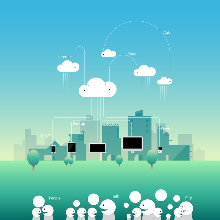 Vector city communication network cloud with flat style