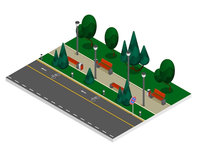 Элементы городского конструктора окрашены изометрической композицией дорога с велосипедной дорожкой в парке среди зеленых деревьев векторная иллюстрация