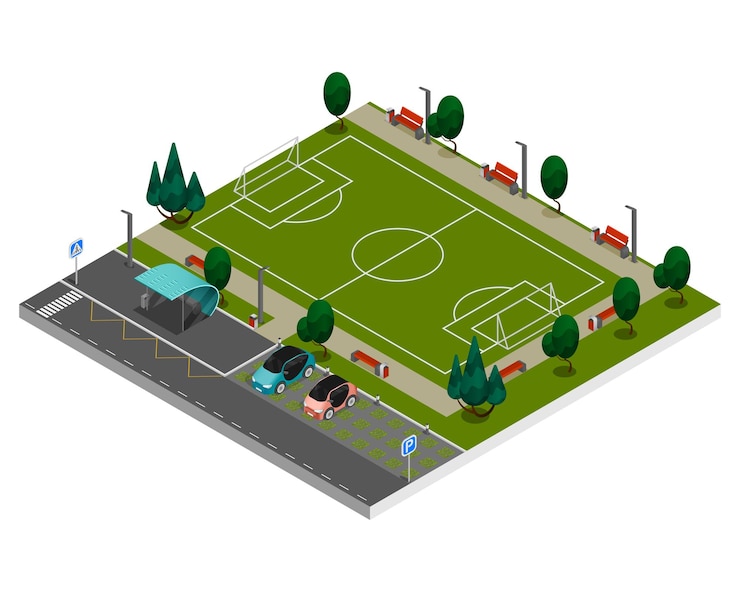 Vector city constructor elements isometric colored composition green soccer field with a small parking lot located nearby illustration