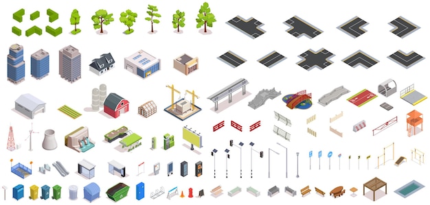 Изометрический набор городского конструктора со зданиями и инфраструктурой, изолированные векторные иллюстрации
