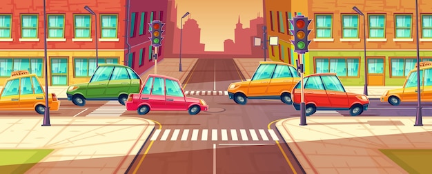 City crossroads, traffic jam, transport moving, vehicles navigation