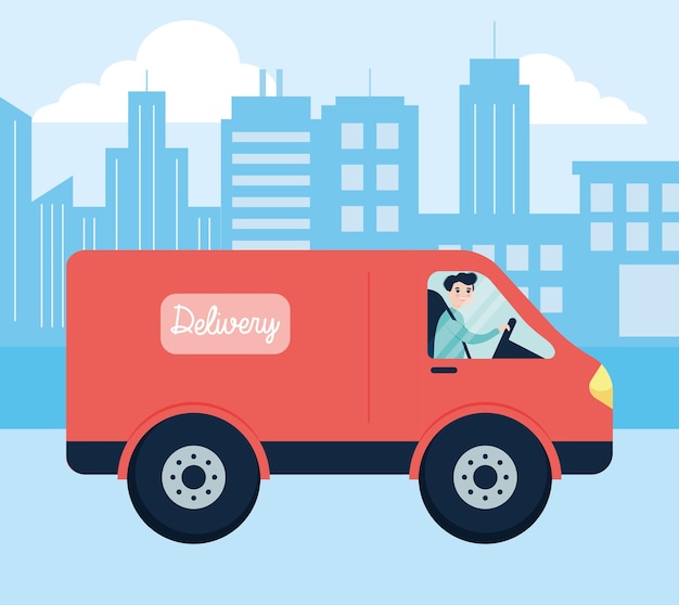 City delivery man driving van