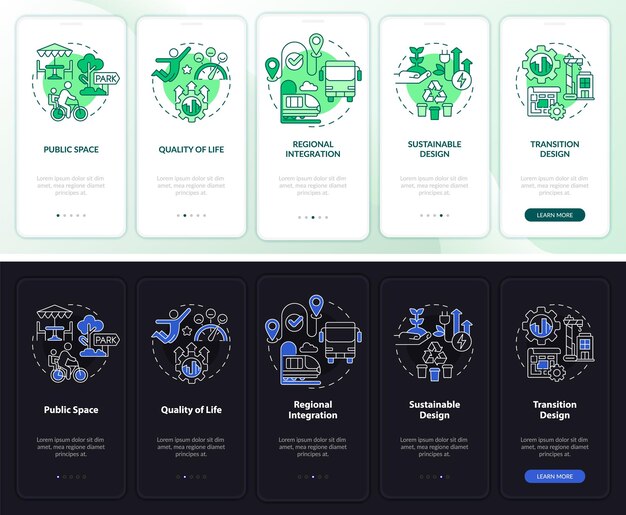 City design principles night and day mode onboarding mobile app screen