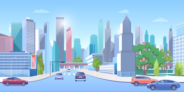 city downtown in summer urban panoramic cityscape, cars on road, modern town architecture street