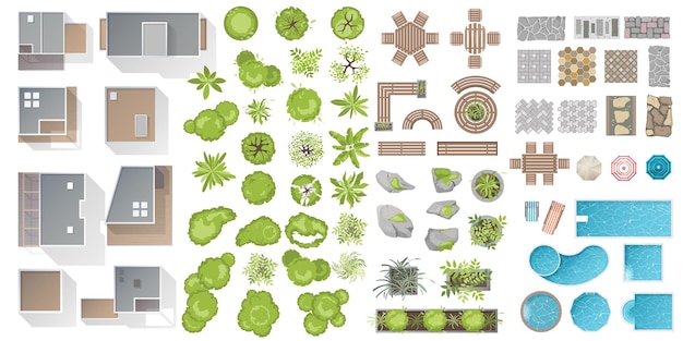 City elements top view for map project Architectural and Landscape design Tree house bench plant