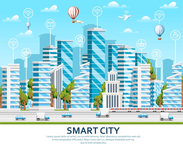 City  elements with green trees. smart city concept with smart services and icons, internet of things.  illustration on sky with cloud background. web site page and mobile app.