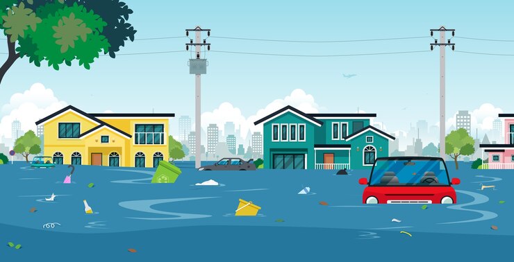 Vector city floods and cars with garbage floating in the water.