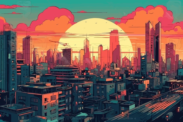 上から見た都市漫画カラーの近代的な都市大都市ベクトル図