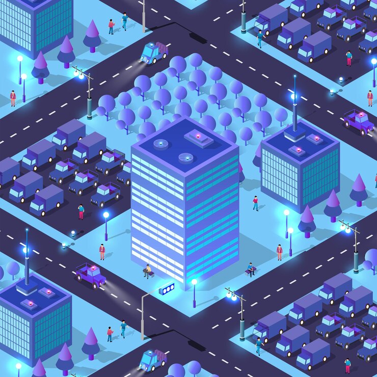 Vector city future smart urban isometric night lights architecture 3d illustration