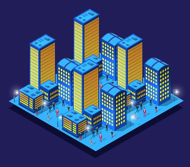 city future smart urban isometric night lights architecture 3d illustration