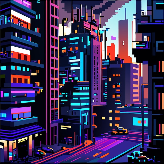 Vector city of glitches cyberpunk pixel art realities