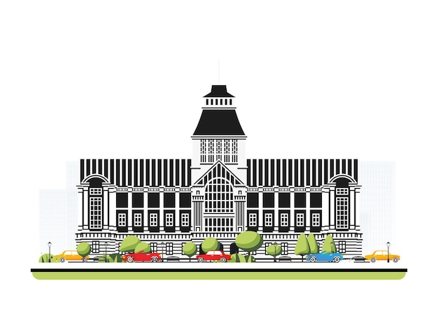 City hall building in flat style with trees and cars Vector illustration City scene isolated on white background Urban architecture