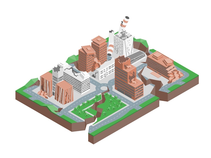 Vector city hit earthquake concept 3d isometric view vector