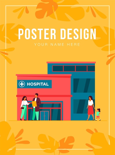 Vector city hospital building. patient talking to doctor at entrance, ambulance car parked at clinic. can be used for emergency, medical care, health center concept