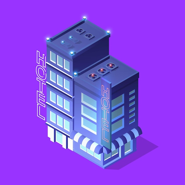 City hotel isometric night lights architecture 3d illustration