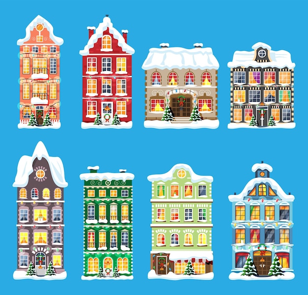 Вектор Городской дом, покрытый снегом, здание в праздничном орнаменте, рождественская елка, еловый венок, украшение с новым годом, праздник рождества, новый год и рождество, плоская векторная иллюстрация